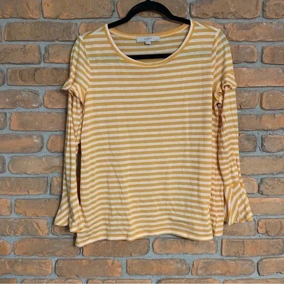 LOFT‎ Top Womens Small Yellow Striped Bell Sleeve Ruffle Cuff Long Sleeve Casual - Picture 1 of 3